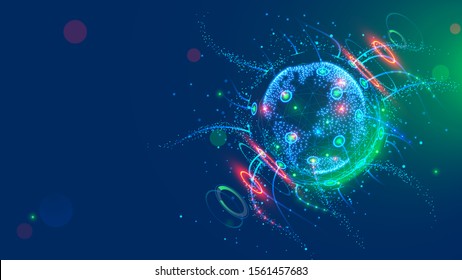 Global satellite internet technology background. Earth in space enmeshed network line of data flow. Abstract esoteric concept information fields. Tech future illustration digital planet in cyberspace