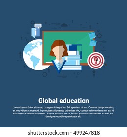Global School Study Process University Education Web Banner Flat Vector Illustration