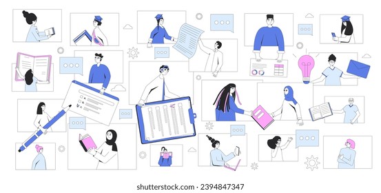 Global scientific community concept. Online education. Internet conversations and collaborations between students. Remote learning. Vector colorful outline illustration.