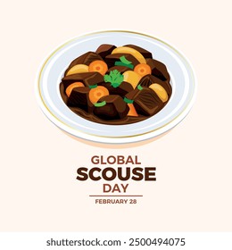 Global Scouse Day poster vector illustration. Beef stew with potato and carrot icon vector. Goulash on a plate drawing. Liverpudlian dish symbol. Template for background, banner, card. February 28.