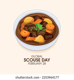 Global Scouse Day vector. Beef stew with potato and carrot icon vector. Bowl of goulash with meat illustration. Liverpudlian dish drawing. February 28 every year. Important day