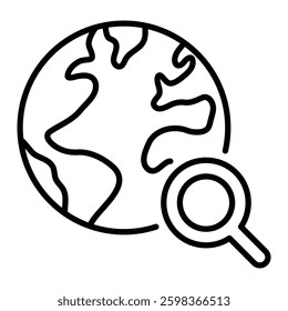 Global search black line icon designed with editable stroke, featuring a globe and a magnifying glass 