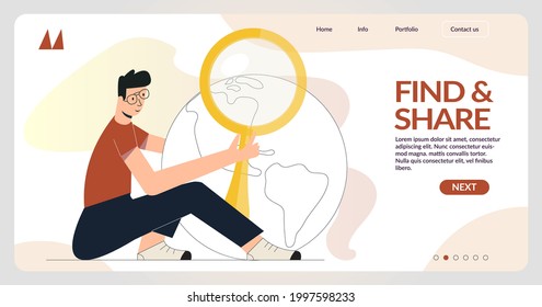 Global search concept. Male character exploring Earth with magnifying glass. Man research the planet, search engine optimization and web analytics elements. Flat vector illustration for web template