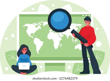 Global search concept. World map on computer display. Developers is looking for new solutions. Vector graphics