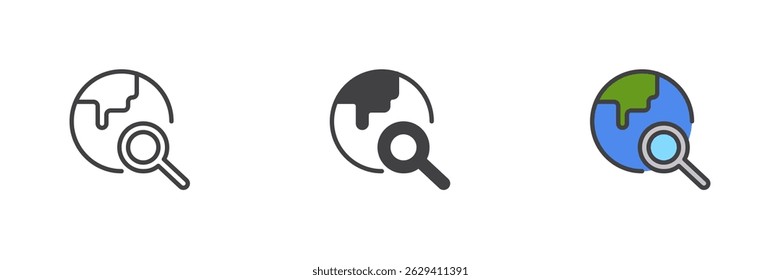 Global search different style icon set. Line, glyph and filled outline colorful version, outline and filled vector sign. Exploring travel symbol, logo illustration. Vector graphics