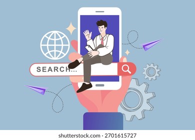 Un motor de búsqueda global está ilustrado por un asistente virtual amigable en una barra de búsqueda de teléfonos inteligentes. Este concepto de marketing digital y SEO muestra cómo el proceso de Internet ayuda a los usuarios a encontrar información.