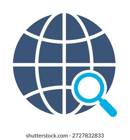 Global search icon blue flat vector design globe magnifying glass symbol world exploration find location graphic element sign