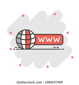 Global search icon in comic style. Website address cartoon vector illustration on white isolated background. WWW network splash effect business concept.