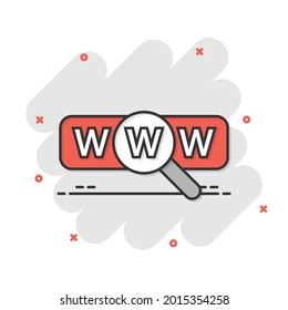 Global search icon in comic style. Website address cartoon vector illustration on white isolated background. WWW network splash effect business concept.
