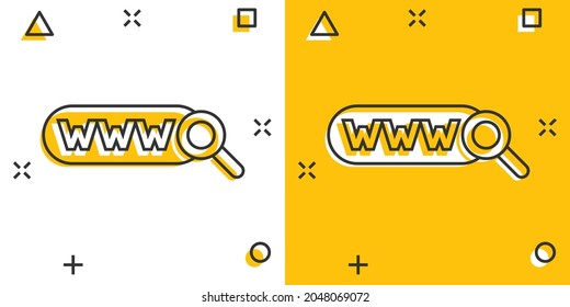 Global search icon in comic style. Website address cartoon vector illustration on white isolated background. WWW network splash effect business concept.
