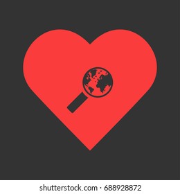 Global search icon flat. Simple pictogram on heart background. Vector illustration symbol