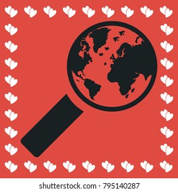Global search icon flat. Simple black pictogram on red background with white hearts for valentines day. Vector illustration symbol