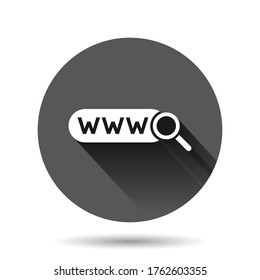 Global search icon in flat style. Website address vector illustration on black round background with long shadow effect. WWW network circle button business concept.