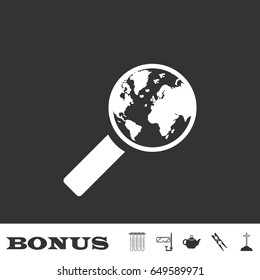 Global search icon flat. White pictogram on black background. Vector illustration symbol and bonus icons