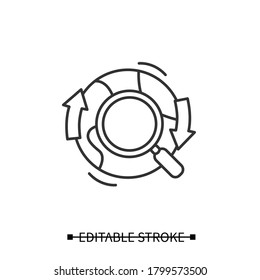Global search icon. Linear pictogram of globe under magnifying glass with arrows. Concept of web site data look up and web search. Editable stroke vector illustration for webdesign, mobile app and ui