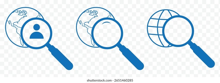 Global search icon. Global search world magnifie vector sign. Global search icon. Search world wide on transparent background for web and graphic design. Headhunting icon. Recruitment logo icon 