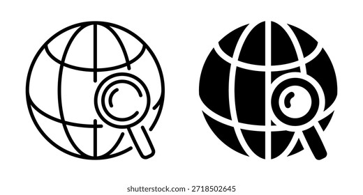 Globale Suchsymbole: Umriss und fester Globus mit Lupe