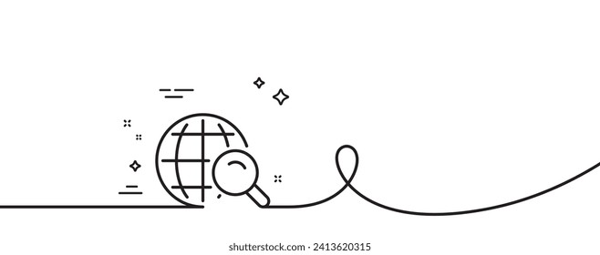 Icono de línea de búsqueda global. Una línea continua con curl. Signo de mundo o globo. Símbolo del motor de búsqueda del sitio web. cinta de esquema única de búsqueda de Internet. Patrón de curva de bucle. Vector