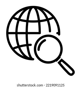 Icono de línea de búsqueda global en estilo plano. Globe con símbolo de magnificación aislado en fondo blanco. Icono abstracto de línea de búsqueda simple en negro. Ilustración vectorial para diseño gráfico, Web, UI, aplicación móvil.