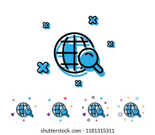 Global Search line icon. World or Globe sign. Website search engine symbol. Line icon with geometric elements. Bright colourful design. Vector