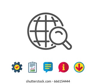 Global Search line icon. World or Globe sign. Website search engine symbol. Report, Service and Information line signs. Download, Speech bubble icons. Editable stroke. Vector