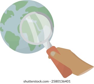 Global Search Magnifying Glass Earth Investigation Illustration. hand holding magnifying glass examining Earth globe, representing global research and worldwide search concept. Vector illustration