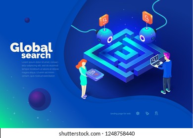Búsqueda global. Un hombre con una laptop interactúa con un sistema de seguimiento global.Recopilación de datos. Mapa mundial. Ilustración vectorial moderna de estilo isométrico.