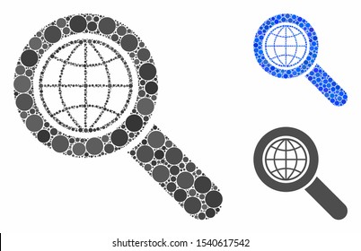 Global search mosaic of spheric dots in different sizes and color tints, based on global search icon. Vector round dots are grouped into blue mosaic.
