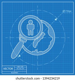 Global search person vector blueprint icon. Earth illustration.
