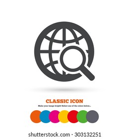 Global search sign icon. World globe symbol. Classic flat icon. Colored circles. Vector