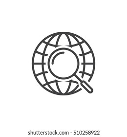 global search symbol. magnifying glass and globe line icon, outline vector sign, linear pictogram isolated on white. logo illustration