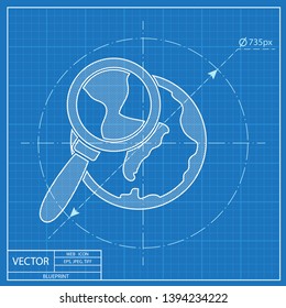 Global search vector blueprint icon. World illustration.
