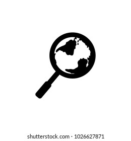 Global search vector icon. World globe symbol. Earth with magnifying glass search icon.