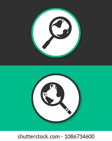 Global search vector icon. World globe symbol. Earth with magnifying glass search icon.
