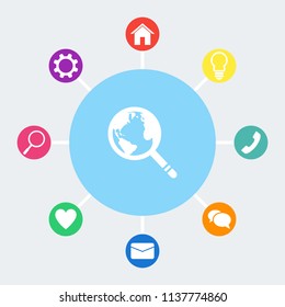Global search vector icon. World globe symbol.  Bonus icons: house, light bulb, phone, speech bubble, email, heart, magnifying glass, settings.
