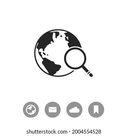 Global search vector icon. World globe symbol. Earth with magnifying glass search icon.