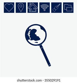 Global search vector icon. World globe symbol. Earth with magnifying glass search icon.