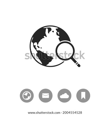 Global search vector icon. World globe symbol. Earth with magnifying glass search icon.