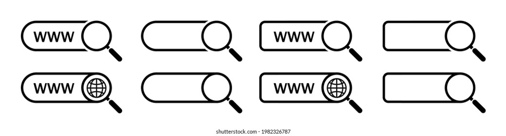Global search web icon button with magnifying glass. WWW sign. Browser search website page. Search www vector icon. Web hosting technology. Globe hyperlink icon. 