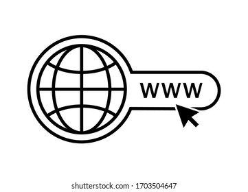 Global search web icon. Website icon. WWW sign. Search www vector icon. Web hosting technology. Globe hyperlink icon. Browser search website page.