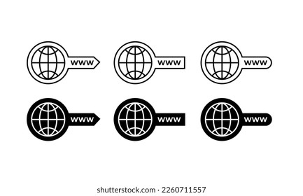 Icono de búsqueda global. Icono de sitio web. Signo WWW. Icono de vector www de búsqueda. Tecnología de alojamiento web. Icono de hipervínculo de globo. Página web de búsqueda del navegador.