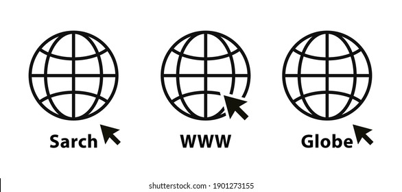 Conjunto de iconos web de búsqueda global. Iconos del sitio web. Signo WWW. Icono vectorial de www de globo. Tecnología de alojamiento web. Icono de hipervínculo de globo. Página web de búsqueda del navegador.
