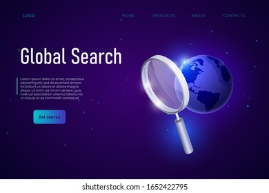 Global Search webpage landing template, vector illustration. Large magnifier and 3d earth isometric.