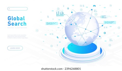 Global search white poster. Modern technologies and innovations. Internet and wireless connection. Landing page design. Cartoon isometric vector illustration isolated on white background