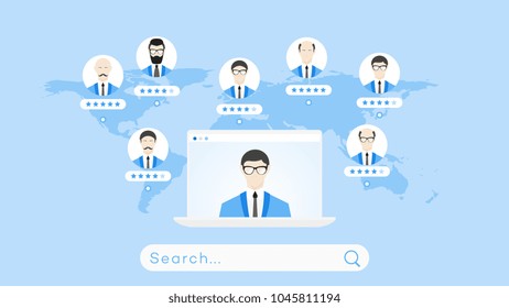 Global Searching On The Worldmap. Conceptual Flat Vector Illustration For Online Education Or Staff Recruitment.
