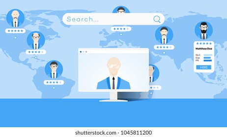 Global Searching On The Worldmap. Conceptual Flat Vector Illustration For Online Education Or Staff Recruitment.