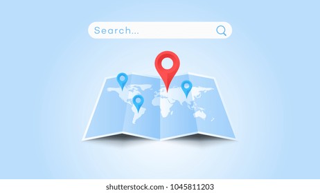 Global Searching On The Worldmap. Conceptual Flat Vector Illustration.