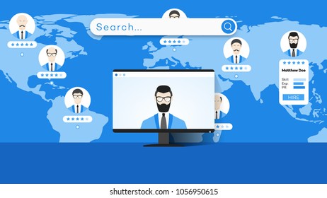 Global Searching On The Worldmap. Conceptual Flat Vector Illustration For Online Education Or Staff Recruitment.