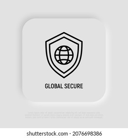 Global secure thin line icon, shield with globe. Modern vector illustration.