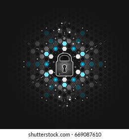 Global security concept. Abstract dark technological background. Lock, hexagon and circuit board. Vector illustration.